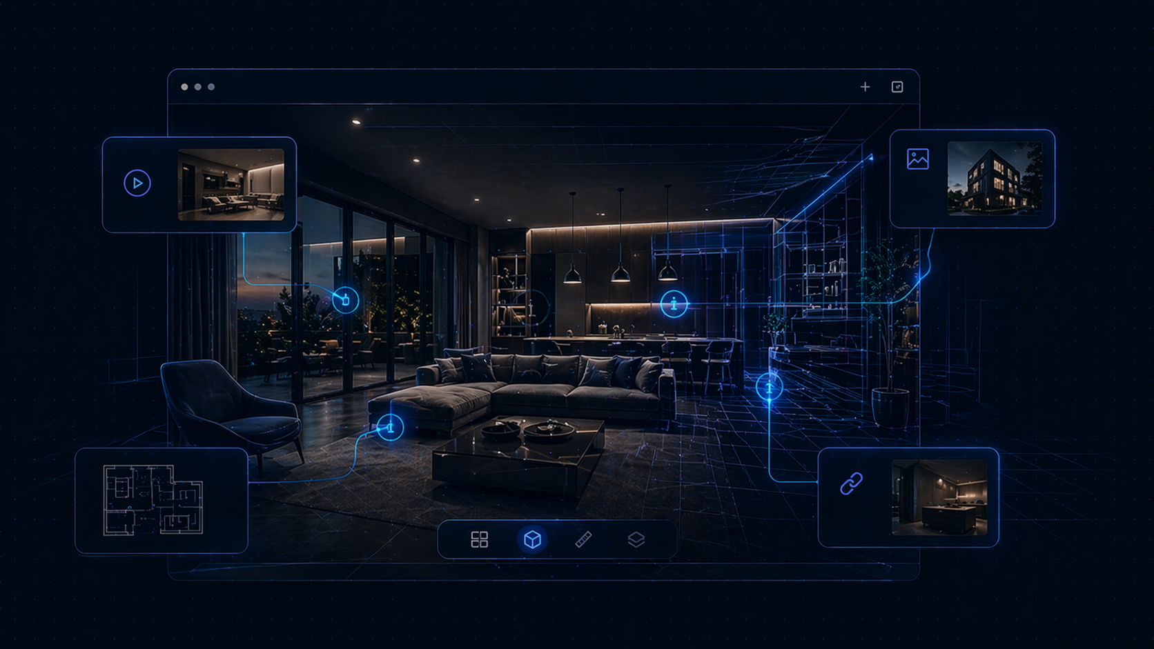 Immersive 3D environment with media cards, links and content layered into the experience