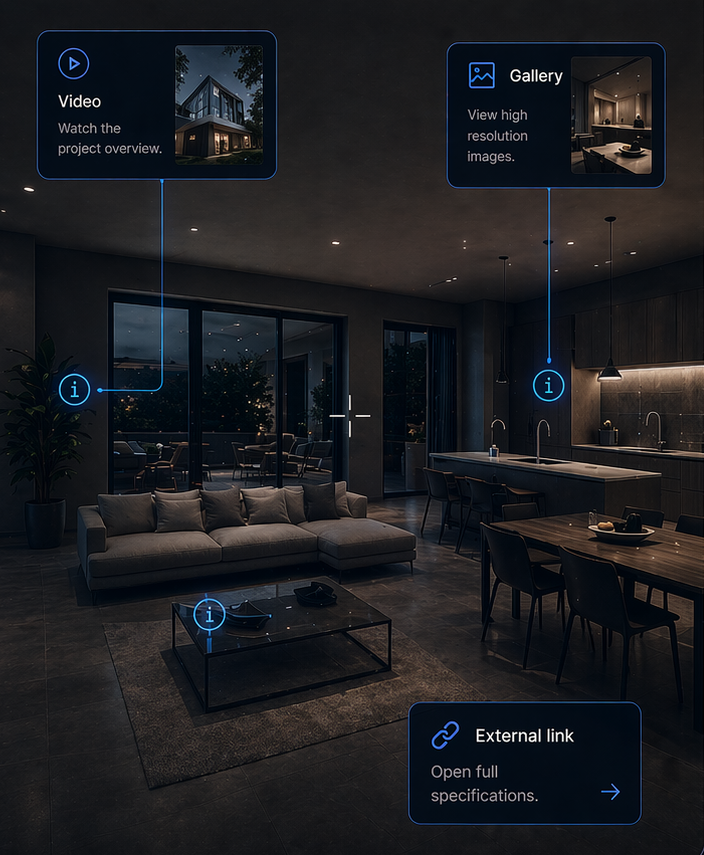 That Space platform interface showing an immersive living space with interactive points, media and browser-based navigation