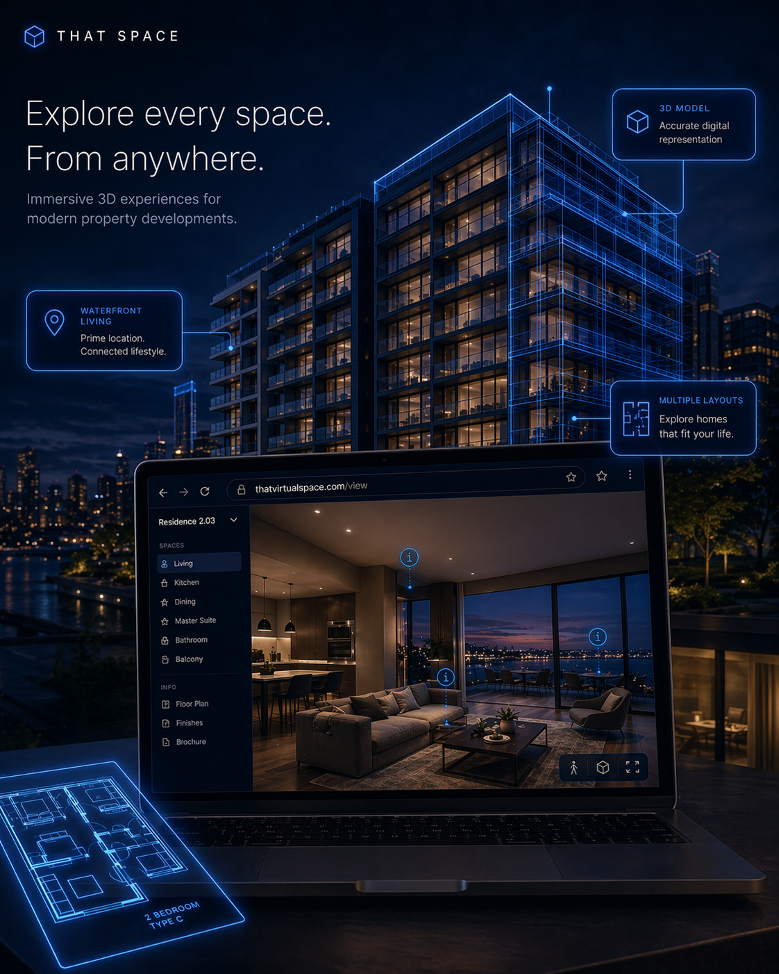 Property use case preview showing a cinematic riverfront development experience